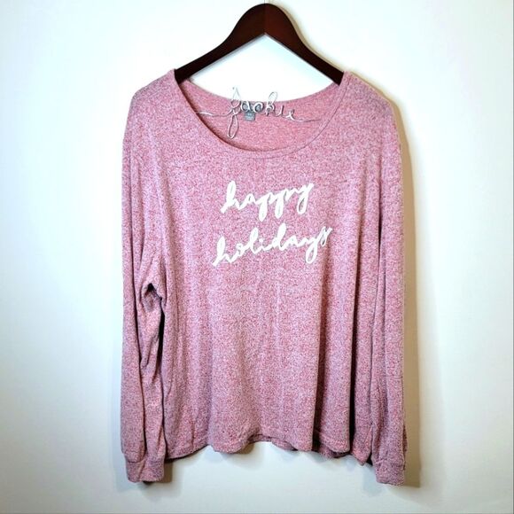 Falls Creek Light Red Happy Holidays Long Sleeve Top Size 2X - Picture 1 of 9